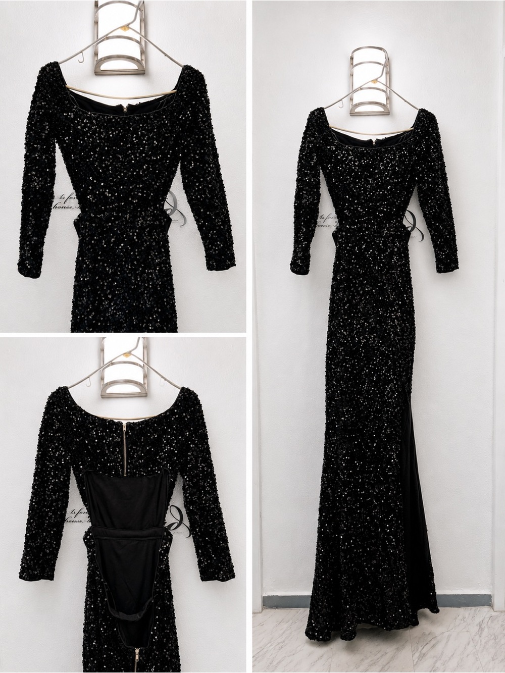 Black Sequin Long Sleeve Evening Gown